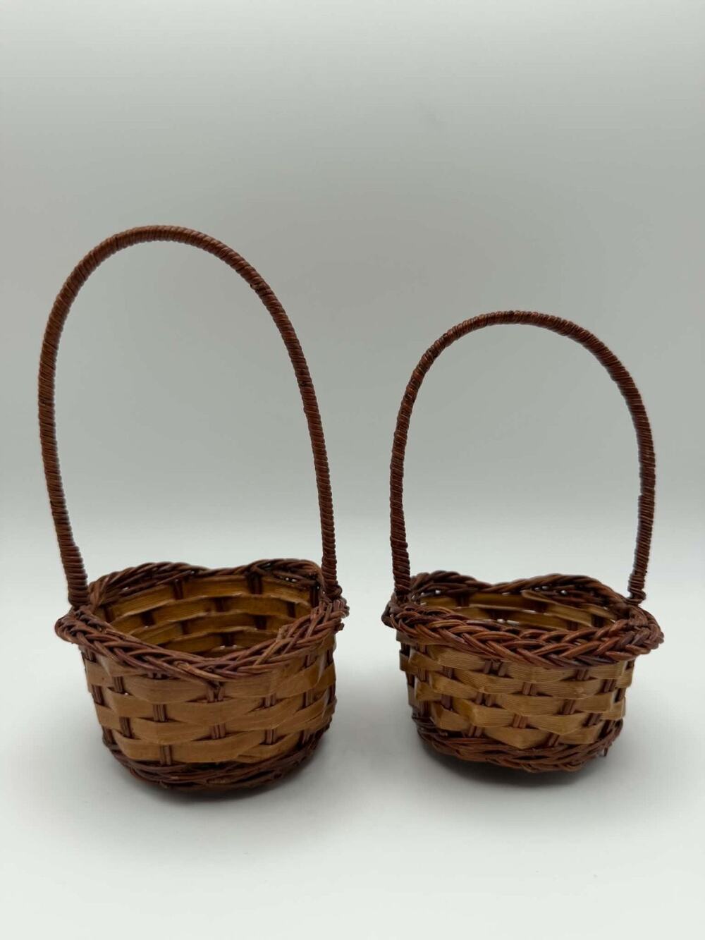 VTG Woven Wicker Baskets Set of 2 Small Round High Bale Handle Rustic Cottage